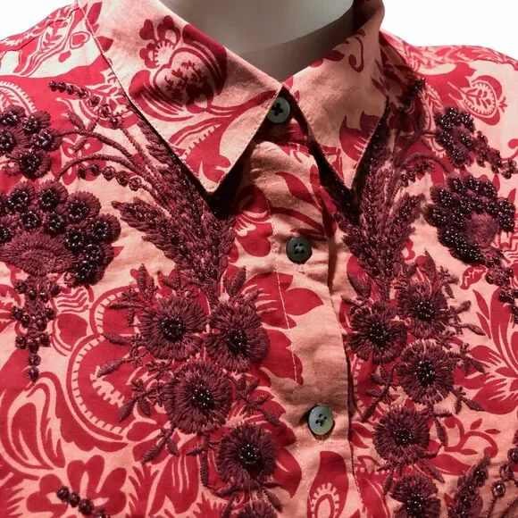 Sundance Embroidered Beaded Floral Button Up Shirt Top Pink Red Long Slveeve S - Picture 2 of 5